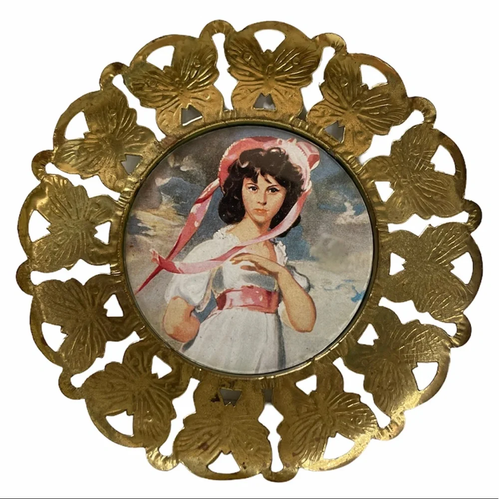 Vintage Antique Metal Gold Framed Wall Art Picture Girl Hat Butterfly Gold Frame